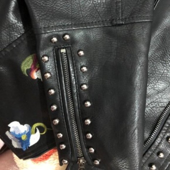 Floral Embroidered faux leather biker  jacket - Picture 8 of 9